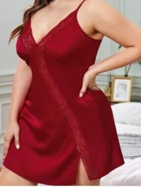 Plus Size Red Satin Slip Dress Nightgown W/ Matching Thong